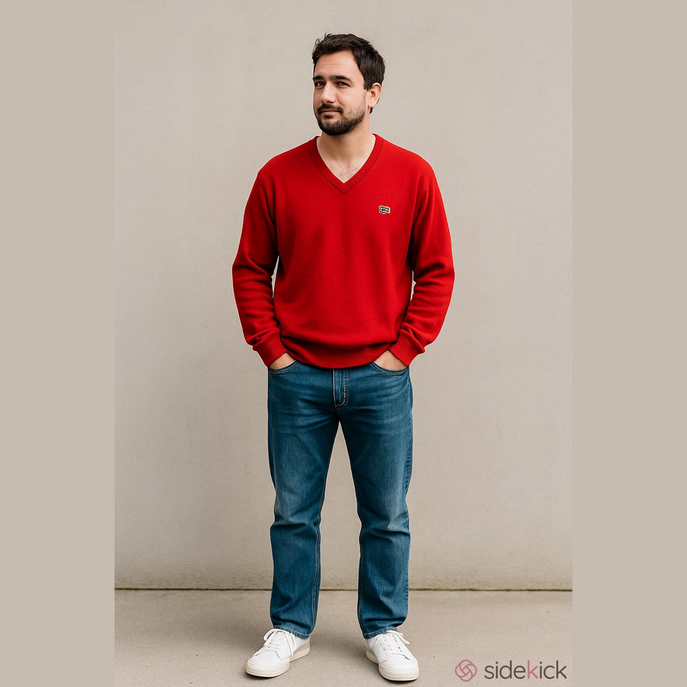 Vintage Lacoste Men's Red V-Neck Wool Blend Sweater